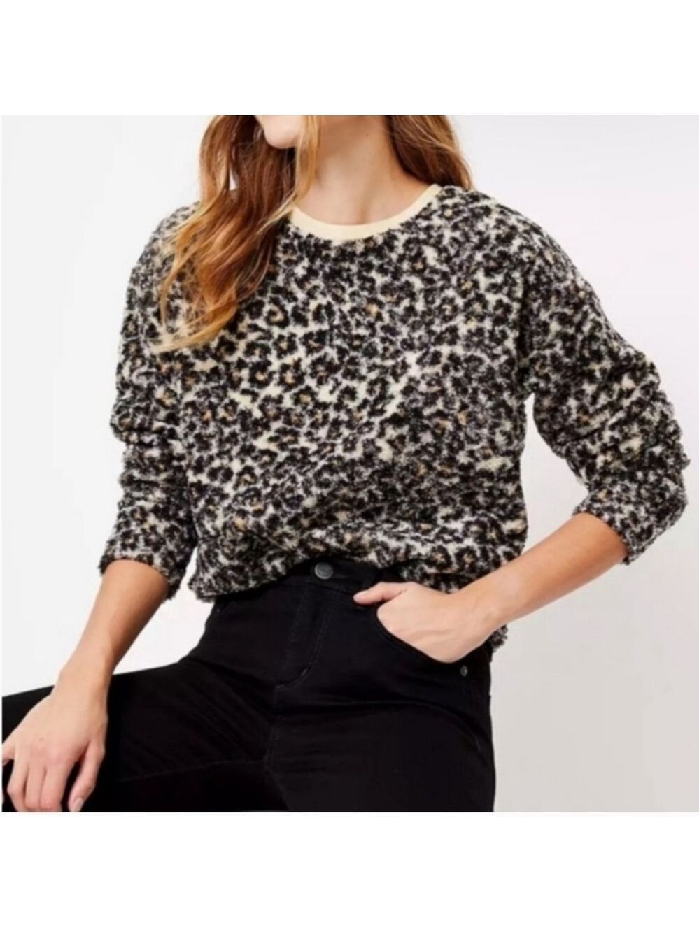 LOFT Faux Sherpa Leopard Print Crewneck Sweatshirt